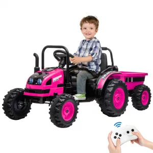 Ride - P Series: 12V Electric Ride-On Tractor for Kids with Trailer, Remote Control, Music, LED Lights, and Rear Wheel Suspension - Battery Powered Toy Vehicle - Pink