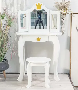 Kids Vanity, Girls Vanity Table with Tri-Folding Mirror,Stool & Drawer, 2 in 1 Wooden Princess Makeup Desk Dressing Table, Toddler Vanity,Pretend Play Vanity Set for Kids