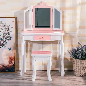 Kids Vanity, Girls Vanity Table with Tri-Folding Mirror,Stool & Drawer, 2 in 1 Wooden Princess Makeup Desk Dressing Table, Toddler Vanity,Pretend Play Vanity Set for Kids