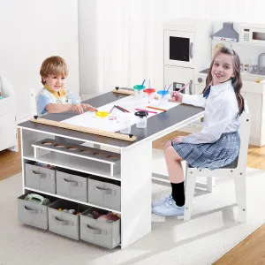 Kids Art Table & Chairs, Craft & Play Wood Activity Table, Storage Bins, Drawing Desk, Study Table, Crafts for Children Wooden Furniture - Grey Color