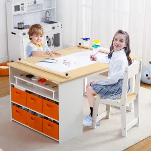 Kids Art Table and Chairs Set, Living and Learning Kids' Art Table and Stool Set with Large Storage Desk and Portable Art Supply Organizer, Kids Activity Table, Wooden Drawing and Painting Desk, Yellow & White