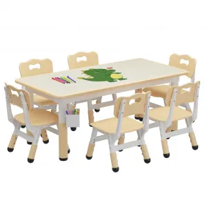 Kids Table and 6 Chairs Set in Wood Grain Design, Height Adjustable Toddler Table and Chair Set Suitable for Ages 2-10 for Home Daycare Preschool, Natural