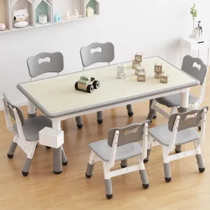 Kids Table and 6 Chairs Set in Wood Grain Design, Height Adjustable Toddler Table and Chair Set Suitable for Ages 2-10 for Home Daycare Preschool, Grey