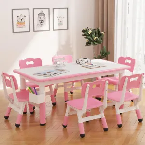 Kids Table and 6 Chairs Set, Height Adjustable Toddler Table and Chair Set, Graffiti Desktop, Children Multi-Activity Table for 6, Kids Study Table for Home Daycare Preschool for Ages 2-10 - Pink