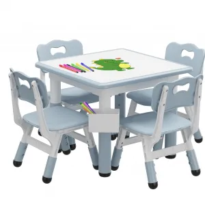 Adjustable Toddler Table & 4 Chairs Set with Graffiti Desktop, Storage, Watercolor Pens, Non-Slip Legs, for Home & Nursery
