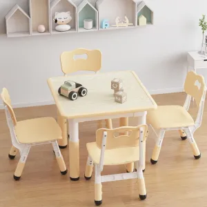 Kids Table and 4 Chairs Set with Graffiti Desktop, Height Adjustable Toddler Table and Chairs Set, 4 in 1 Activity Table Play Table for Reading, Drawing, Playing, Eating,Beige