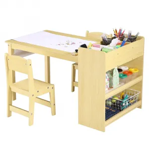Kids Art Table with 2 Chairs, Toddler Craft Play Wood Activity Desk with Large Storage Shelves,Wood Activity Desk for Writing Drawing Suitable for Nursery & Classroom - Natural