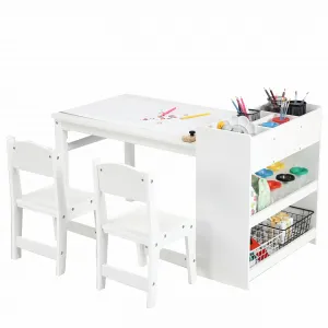 Kids Art Table with 2 Chairs, Toddler Craft Play Wood Activity Desk with Large Storage Shelves, Wood Activity Desk for Writing Drawing Suitable for Nursery & Classroom, White