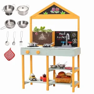Mud Kitchen,Wood Outdoor Play Kitchen Set for Toddlers, Transparent Root Viewer Planter with Realistic Faucet & Sink, Stoves, Chalkboard, Storage Shelf for Boys Girls 3+