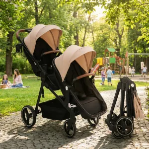 Foldable Double Baby Stroller in Multi-Position Reversible Design with Adjustable Backrest, Storage Basket and Canopy for Infant and Toddler, Khaki