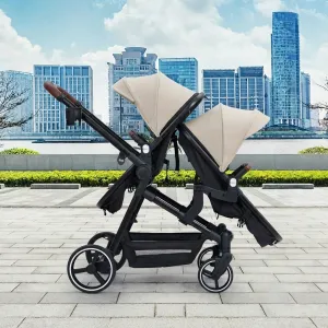 Foldable Double Baby Stroller in Multi-Position Reversible Design with Adjustable Backrest, Storage Basket and Canopy for Infant and Toddler, Beige
