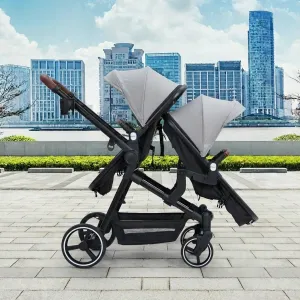 Foldable Double Baby Stroller in Multi-Position Reversible Design with Adjustable Backrest, Storage Basket and Canopy for Infant and Toddler, Light Grey