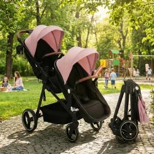 Foldable Double Baby Stroller in Multi-Position Reversible Design with Adjustable Backrest, Storage Basket and Canopy for Infant and Toddler, Pink