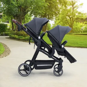 Foldable Double Baby Stroller in Multi-Position Reversible Design with Adjustable Backrest, Storage Basket and Canopy for Infant and Toddler, Dark Grey