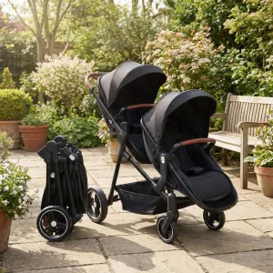Foldable Double Baby Stroller in Multi-Position Reversible Design with Adjustable Backrest, Storage Basket and Canopy for Infant and Toddler, Black