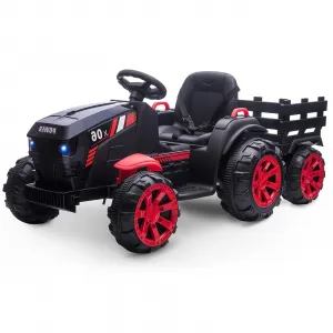 Ride - P Series: 12V Kids Ride On Tractor with Trailer, LED Lights for Boy Girl - Black