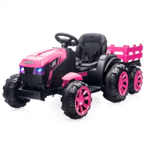 Ride - P Series: 12V Kids Ride On Tractor with Trailer, LED Lights for Boy Girl - Pink