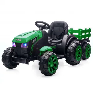 Ride - P Series: 12V Kids Ride On Tractor with Trailer, LED Lights, Battery Powered Toy Vehicle for Boys Girls, Outdoor Play Farm Truck Green