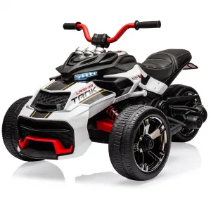 12V Kids Ride on Toy for Kids, 2x55W Powerful Engine 7AH Battery, 3 - 7 km/H, 3 Wheelers Electric Vehicle, LED Lights, 2 Speeds, EVA Tire, Music, USB - White