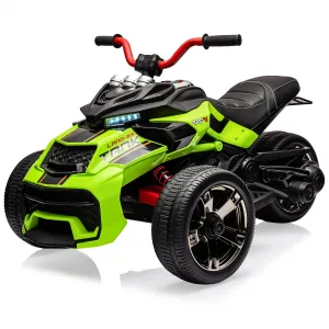 12V Kids Ride on Toy for Kids, 2x55W Powerful Engine 7AH Battery, 3 - 7 km/H, 3 Wheelers Electric Vehicle, LED Lights, 2 Speeds, EVA Tire, Music, USB - Green