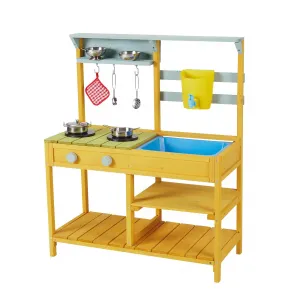 Wooden Play Kitchen, Kids Mud Kitchen Outdoor Toddler Play Kitchen with Stove Top,Rotatable Knob, Water Box & Faucet Removable Sink, Pretend Kitchen Toys for Boys and Girls