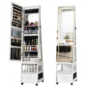 Jewelry Armoire with Led, 360° Swivel Jewelry Armoire with Full Length Mirror, Jewelry Storage, Bottom Drawer, Shelf, Wheels, Lockable Freestanding Jewelry Cabinet for Bedingroom