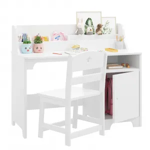 Kids Desk and Chair Set, Study Desk for Kids with Hutch, Storage Cabinet, Wooden Children Study Table, Student Writing Desk for Kids Bedroom & Study Room, White