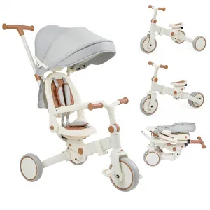 7 in 1 Baby Tricycle, Foldable Toddler Tricycle with Removable and Adjustable Parent Handle, Toddler Push Bike with Removable Pedal, Canopy, and Guardrail, Tricycle for 12-72 Months（Brown）