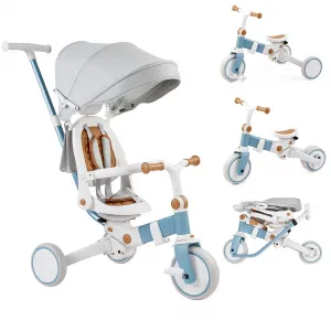 7 in 1 Baby Tricycle, Foldable Toddler Tricycle with Removable and Adjustable Parent Handle, Toddler Push Bike with Removable Pedal, Canopy, and Guardrail, Tricycle for 12-72 Months（White）
