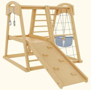 8-in-1 Indoor Playground - Jungle Gym Montessori Playset, Wooden Climber with Slide, Rock Climbing Wall, Rope Wall,Rope Ladder Monkey Bars, and Swing for Kids 3-8yrs