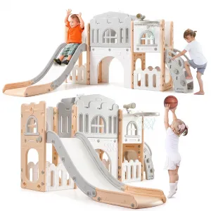 8-in-1 Toddler Slide Playground Set - Indoor/Outdoor Playset with Climber, Crawling Tunnel, Basketball Hoop, Telescope, Safe Materials, and Toy Storage
