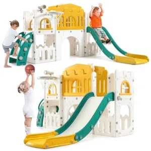 8-in-1 Toddler Slide Playground Set - Indoor/Outdoor Playset with Basketball Hoop, Climber, Tunnel, Toy Storage | Made with HAPE & PP Material | Ideal for Kids Ages 1-3 (Orange & Green)
