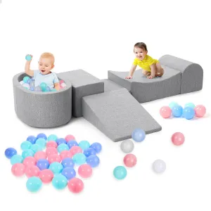 5-Piece Foam Climbing Blocks for Toddlers, Light Grey Foam Soft Play Set with Small Ball Pit Playground for Children