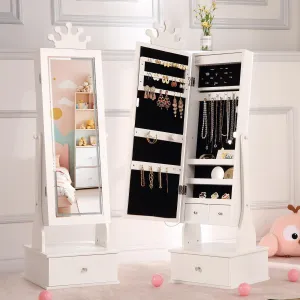 Freestanding Jewelry Armoire Cabinet with Led Light, Full-Length Mirror and 3 Storage Drawers for Girls, White