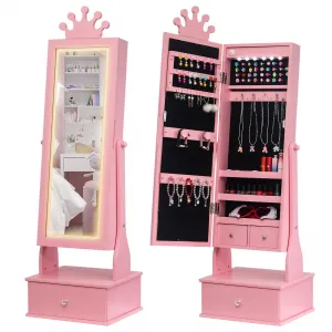 Freestanding Jewelry Armoire Cabinet with Led Light, Full-Length Mirror and 3 Storage Drawers for Girls, Pink