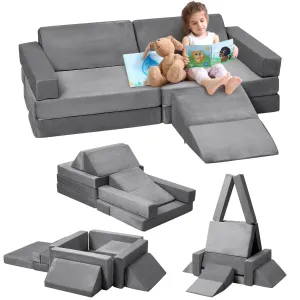 Modular Kids Couch 12pcs Block - Based Couch with Ball Pit, Toddler Couch for Creative Boys & Girls, Convertible Block - Based Kids Modular Play Couch, Kids Sofa for Playroom, Grey, 47.2"x23.6"x11"