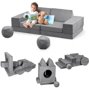 Kids Couch, 12 Pcs Stackable Block Couch Kids Sofa for Playroom, Toddler Sofa Modular Kids Play Couch, Child Sectional Sofa Convertible Foam Couch for Boys and Girls, Dark Grey