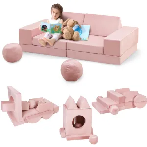 Kids Couch, 12 Pcs Cube Couch Kids Sofa for Playroom, Toddler Sofa Modular Kids Play Couch, Child Sectional Sofa Convertible Foam Couch for Boys and Girls, Pink