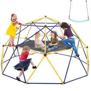 Climbing Dome, 10FT Outdoor Jungle Gym with Hammock and Swing, Supports 1000lbs Outdoor Climbing Toys for Kids Ages 4-8, Anti-Rust, Easy Assembly, Yellow+Blue