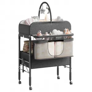 Portable Foldable Baby Changing Table with 2 Storage Baskets and Lockable Wheels in Height Adjustable and Waterproof Design for Infant and Newborn, Dark Grey