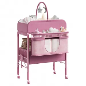 Portable Foldable Baby Changing Table with 2 Storage Baskets and Lockable Wheels in Height Adjustable and Waterproof Design for Infant and Newborn, Pink