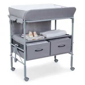 Portable Baby Changing Table with 2 Drawers, Foldable Changing Table with Waterproof Diaper Topper, Height Adjustable Diaper Changing Station for Infant and Newborn, Grey