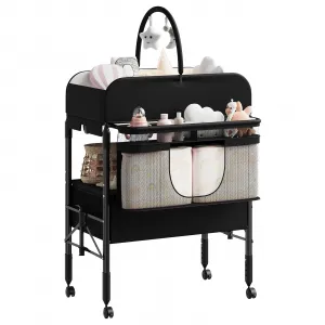 Portable Foldable Baby Changing Table with 2 Storage Baskets and Lockable Wheels in Height Adjustable and Waterproof Design for Infant and Newborn, Black