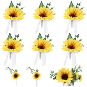 6PCS Artificial Sunflower Corsage, Artificial Silk Flowers Corsage and Boutonniere Set Simulation Wedding Flower Boutonniere Hair Accessories for Wedding Bridesmaid Bridal Prom Party