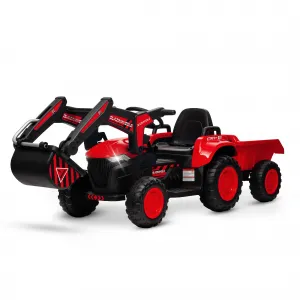 Ride - P Series: 12V 3 in 1 Ride on Excavator & Tractor with Detachable Trailer, Ride on Car Toy with Remote Control, Digger, LED Lights, Music, Kids Electric Vehicles for Boys Girls, Red