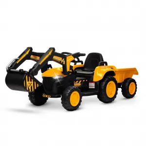 Ride - P Series: 12V 3 in 1 Ride on Excavator & Tractor with Detachable Trailer, Ride on Car Toy with Remote Control, Digger, LED Lights, Music, Kids Electric Vehicles for Boys Girls, Yellow