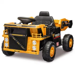 Ride - P Series: 12V Ride On Construction Vehicle for Kids With Remote Control, Electric Dump Bed,Shovel,Music Player, and Four Wheel Shock Absorption for Kids 3+(Yellow)