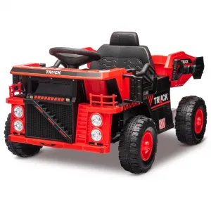 Ride - P Series: 12V Ride On Construction Vehicle for Kids With Remote Control, Electric Dump Bed,Shovel,Music Player, and Four Wheel Shock Absorption for Kids 3+(Red)