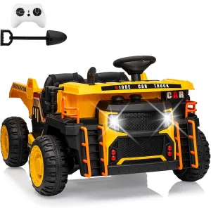 Ride - P Series: 24V Ride On Dump Truck, 2 Seater Electric Cars for Kids with Remote Control, Dump Bed, Shovel, Music, Led, Wheel Shock Absorption,Ride On Construction Vehicle Four- for Kids 3+,Yellow