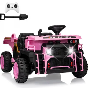 Ride - P Series: 24V Ride On Dump Truck, 2 Seater Electric Cars for Kids with Remote Control, Dump Bed, Shovel, Music, Led, Wheel Shock Absorption,Ride On Construction Vehicle Four- for Kids 3+,Pink